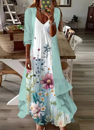 Independent Stand Floral Print Women's Dress Two-Piece Set Short Sleeve Ankle-Length Polyester Fiber Regular Waist Line