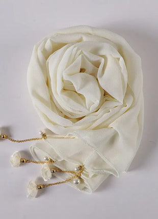 Fashion Flowers Pearl Tassel Chiffon Long Scarf Hijabs Elegant Womens Party Turban Headwear Solid Color Headscarf Shawls Scarves