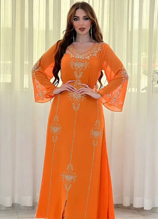 Women's Long Sleeve Polyester Abaya — Diamond Detail V-Neck Dress