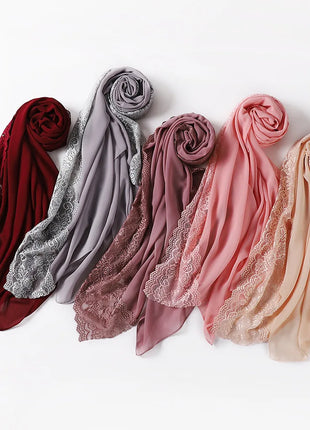 Women Hijabs Muslim Scarf Summer New Pearl Chiffon Lace Solid Color Lady Head Scarf Malaysia Tourism Shawl Turban Wrap Wholesale