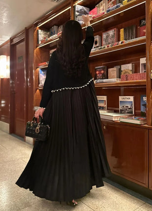 Eid Muslim Pearl Abaya for Women Beading Ramadan Cardigan Pleated Long Dress Morocco Kaftan Long Abayas Dubai Robe Jalabiya 2024