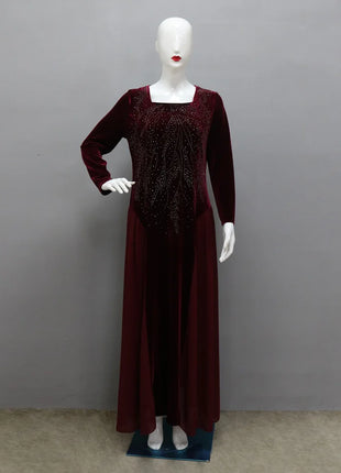 Women Dubai Arab Muslim Velvet Chiffon Splicing Diamond Evening Dress Jalabia Women's Clothing Abaya Robe