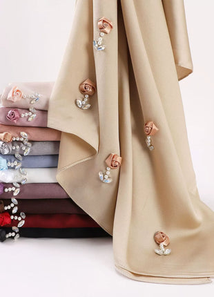 New Bubble Chiffon Hijab Scarf Handmade Flower Beaded Anchor Satin Silk Scarf  Hijabs for Women Turban Femme Ramadan Islamic
