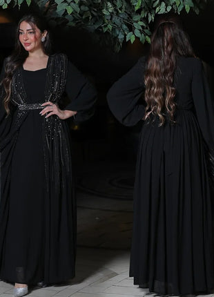 Women Long Loose Maxi Dress Muslim Dubai Women's Clothing Hot Diamond Belt Robe Dinner Dress
