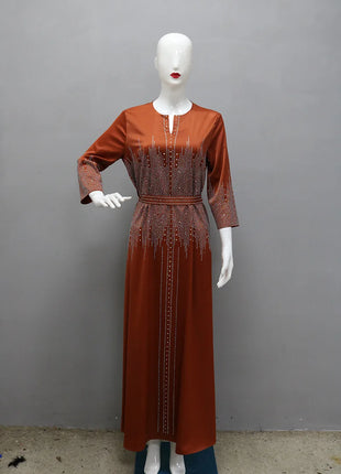 Muslim Satin Dress for Women Fashion Diamond Evening Dress Abaya Dubai Dinner Robe Muslim Dress Women Clothes for Muslim Women