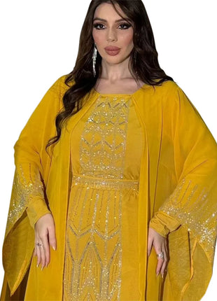 Eid Muslim Party Dress for Women Fake 2 Piece Diamond Ramadan Abaya Belt Flare Sleeve Kaftan Vestidos Largos Dubai Robe Jalabiya