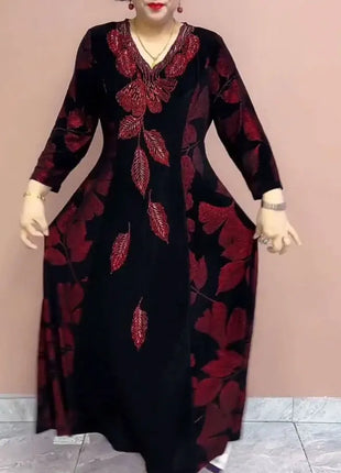 Female Clothing Elegant V-Neck Dresses Autumn Winter Casual A-Line Waist Vintage Printing Commute Fashion Diamonds Long Dress