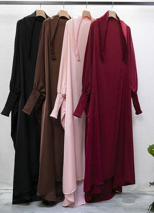 Muslim Abaya Hooded Smocking Sleeve One-piece Prayer Dress Women Jilbab Islamic Clothing Dubai Saudi Black Robe Turkish Modesty