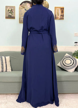 Muslim Chiffon Abayas For Women 2024 Dubai Islam Loose Fit  Femme Robe Long Sleeved Diamond Studded Solid Color With Belt Turban