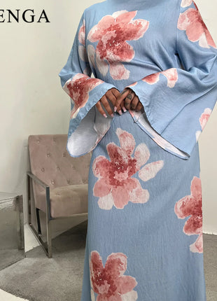 Arabesque Bell Sleeve Flowy Maxi Abaya Dress Elegant Floral Print Muslim Modest Long Dress Islamic Vacation Outfit Summer Robe
