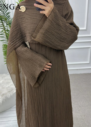 Two Piece Middle East Muslim Cardigan Set for Women Ramadan Eid Dubai Modest Abaya Dress Elegant Islam Solid Turkey Robe Outfit