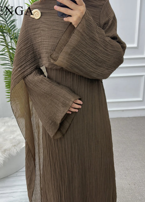 Two Piece Middle East Muslim Cardigan Set for Women Ramadan Eid Dubai Modest Abaya Dress Elegant Islam Solid Turkey Robe Outfit