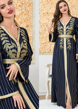 Ramadan Luxury Muslim Fashion Bat Sleeve Moroccan Turkiye Dubai Dress Middle East Arab Dress Sequins Golden Velvet Long Dress