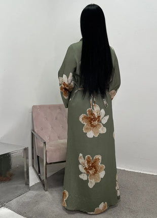 Arabesque Bell Sleeve Flowy Maxi Abaya Dress Elegant Floral Print Muslim Modest Long Dress Islamic Vacation Outfit Summer Robe