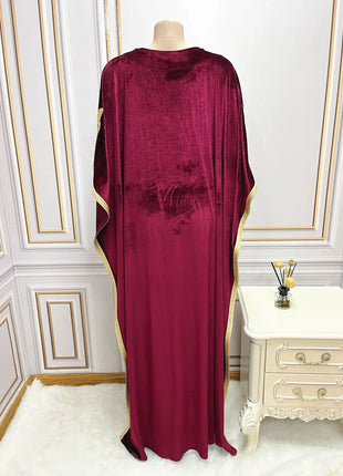 Ramadan Luxury Muslim Fashion Bat Sleeve Moroccan Turkiye Dubai Dress Middle East Arab Dress Sequins Golden Velvet Long Dress