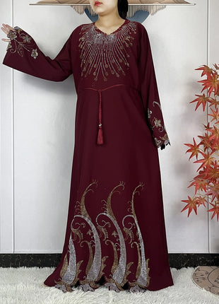 New Muslim Fashion Women Dress Chiffon Diamond Long Sleeves Casual Clothing African Abaya Women Robe Dubai Turkey Islamic Robe