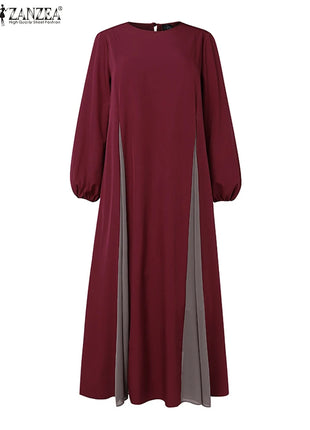 ZANZEA Women Color Block Patchwork Maxi Dress Fake Two-Piece Islamic O Neck Muslim Long Dresses Long Sleeve 2024 Fall Abaya Robe