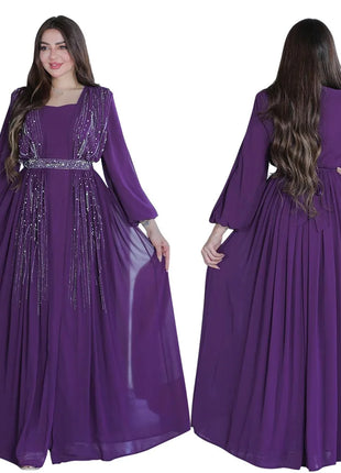 Women Long Loose Maxi Dress Muslim Dubai Women's Clothing Hot Diamond Belt Robe Dinner Dress