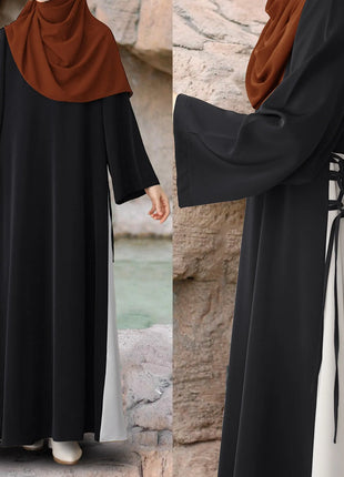 Muslim Women Modest Long Dress Patchwork Drawstring Arab Robe Vestidos Jalabiya Dubai Saudi Abayas Morocco Eid Ramadan Dresses