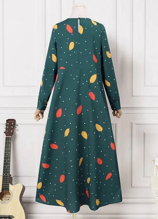 Muslim Leaf Pattern Long Sleeve Dress for Women Casual Bohemian Polka Dot Print Holiday Muslim Dress Full Length Abayas Dubai