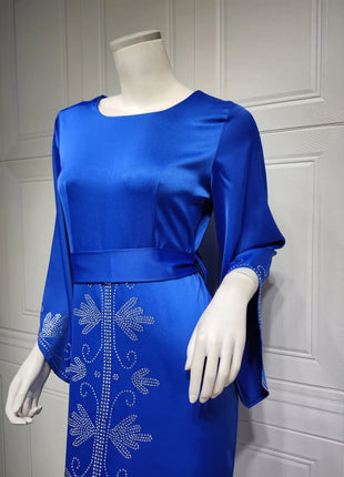 Elegant Satin Evening Gown Muslim Dress Women Abaya Long Sleeve Turkish Dresses Stylish Diamond Women Maxi Dress Dubai Kaftan