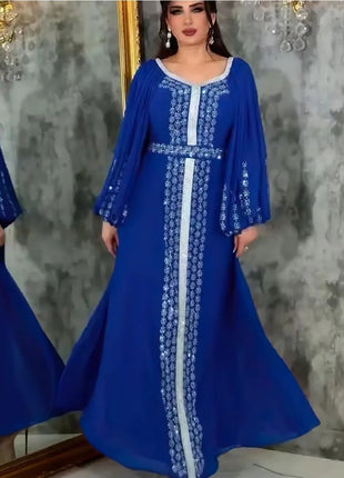 Abaya Muslim Women Party Dresses Chiffon Sequins Jalabiya Ramadan Eid Morocco Islam Sashes Vestidos Arab Long Robe Dubai Kaftan