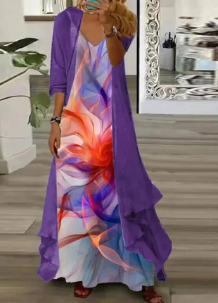 Independent Stand Floral Print Women's Dress Two-Piece Set Short Sleeve Ankle-Length Polyester Fiber Regular Waist Line