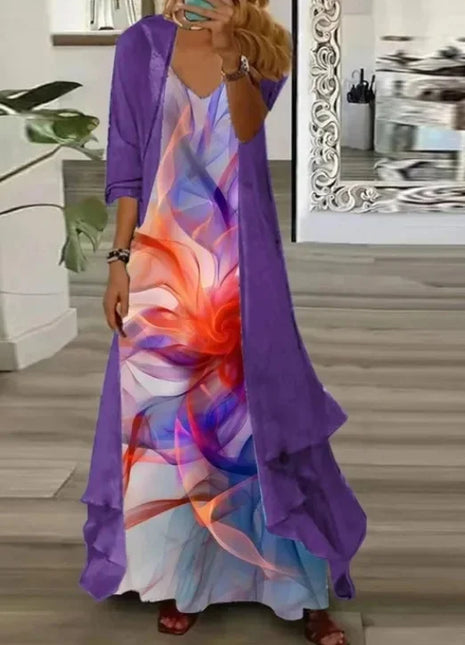 Independent Stand Floral Print Women's Dress Two-Piece Set Short Sleeve Ankle-Length Polyester Fiber Regular Waist Line