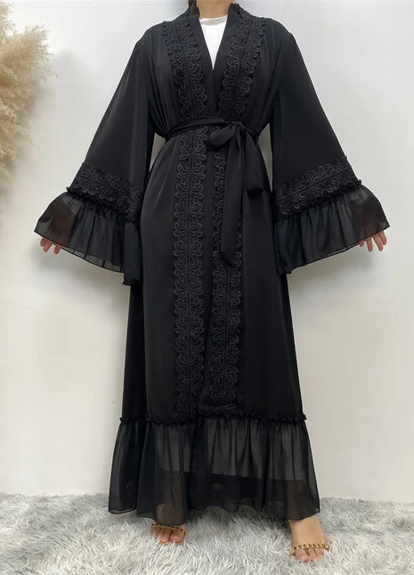 Fashion Lace Stitching Muslim Abaya Dubai Full Length Flare Sleeve Lace Abaya Dubai Turkey Muslim Islam Robe With Belt WY1391