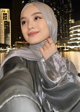Newest Plain Shimmer Hijab Silk Wrinkle Scarf Muslim Woman Hijab Shawls Islam Woman Long Wraps Femme Headband Pure Turban