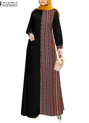 ZANZEA Women Ethnic Printed Panels Maxi Dress Long Sleeve Hijab O Neck Muslim Islamic Patchwork Vestidos Loose Casual Abaya Robe