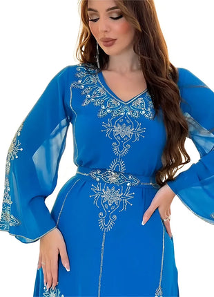 Women's Long Sleeve Polyester Abaya — Diamond Detail V-Neck Dress