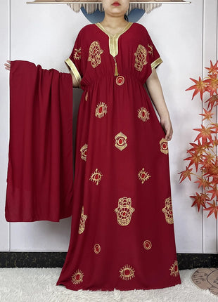 New African Abaya Women Elegant Dress Collect Waist Straight Cotton Embroider Dress Loose Caftan Femme Clothing Islamic Dresses