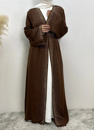 Hot Selling Ramadan Rhinestone Cardigan Islamic Dresses With Pockets Kebaya Muslim Kimono Abaya Dubai Modest Clothing Women EID