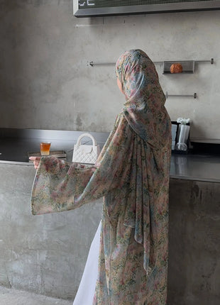 Middle Eastern Elegant Arabic Traditional Cardigan Long-Sleeved Floral Print Abaya Robe with Headscarf