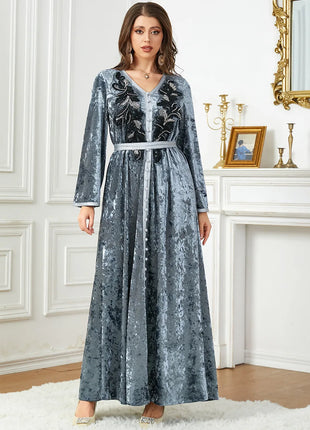 Ramadan Luxury Muslim Fashion Bat Sleeve Moroccan Turkiye Dubai Dress Middle East Arab Dress Sequins Golden Velvet Long Dress