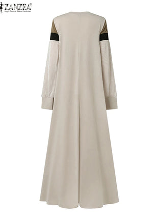 Fashion Autumn Long Sleeve Pleated Sundress 2024 ZANZEA Muslim Abaya Robe Femmme Women Patchwork Maxi Dresses Casual Vestidos