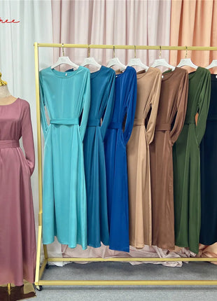 Fashion Sliky Djellaba Muslim Dress Dubai Full Length Flare Sleeved Soft Abaya Dubai Turkey Muslim Islam Robe WY921