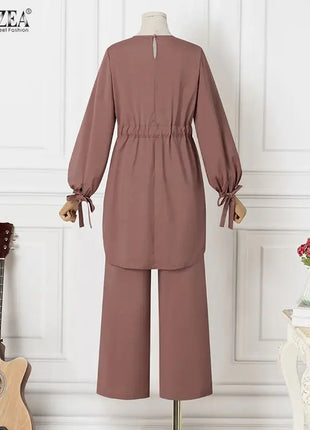 ZANZEA Muslim Women Matching Sets Long Sleeve Solid Color Tops And Loose Pant Suits Elegant Fashion Casual Tracksuit Kaftan 2025