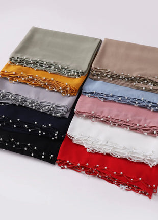 High Quality Women Beads Tassles Hijab Plain Long Scarf Shawls Malaysia Headband Muslim Arab Headscarf Wrap Shaylas 175*70cm