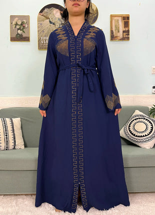 Muslim Chiffon Abayas For Women 2024 Dubai Islam Loose Fit  Femme Robe Long Sleeved Diamond Studded Solid Color With Belt Turban