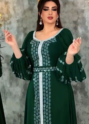 Abaya Muslim Women Party Dresses Chiffon Sequins Jalabiya Ramadan Eid Morocco Islam Sashes Vestidos Arab Long Robe Dubai Kaftan