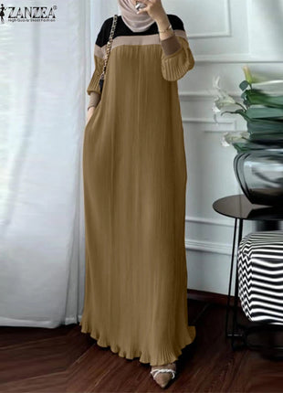 Fashion Autumn Long Sleeve Pleated Sundress 2024 ZANZEA Muslim Abaya Robe Femmme Women Patchwork Maxi Dresses Casual Vestidos