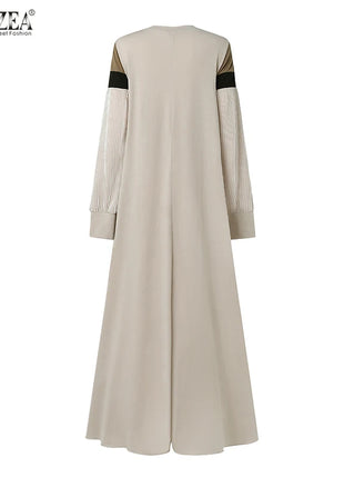 Fashion Autumn Long Sleeve Pleated Sundress 2024 ZANZEA Muslim Abaya Robe Femmme Women Patchwork Maxi Dresses Casual Vestidos