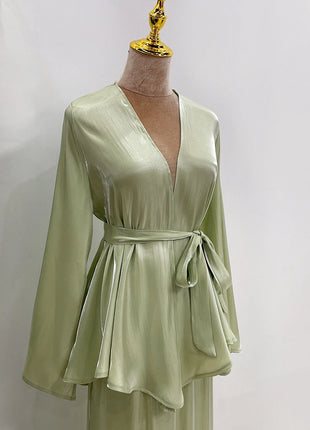 Ramadan Satin Abaya Dubai Turkey Islam Muslim Modest Dress Sets Prayer Clothes For Women Kaftan Robe Femme Musulmane