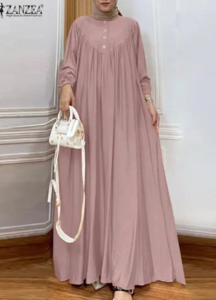 ZANZEA Solid Muslim Fashion Islamic Dress Women's Vintage Turkey Abaya Robe Long Sleeve Hijab O Neck Pleated Loose Kebaya 2025