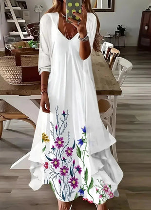 Independent Stand Floral Print Women's Dress Two-Piece Set Short Sleeve Ankle-Length Polyester Fiber Regular Waist Line