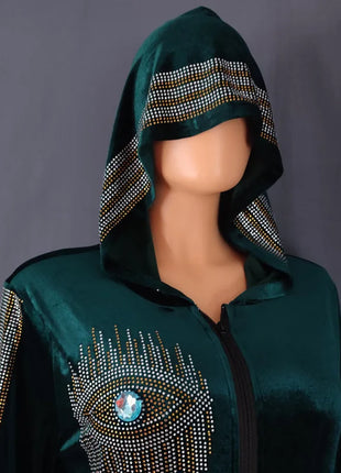 Long Sleeved Hooded Muslim Dress Velvet Diamond Clothing for Women Dubai Abayas Casual Korean Style Kaftan Evening Dress Abayas