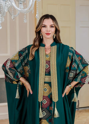 Eid Muslim 2 Piece Set Women Embroidery Dresses Open Abaya Suit Jalabiya Ramadan Dubai Kaftan Party Vestidos Cardigan Robe 2025