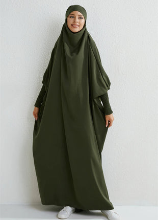 Muslim Abaya Hooded Smocking Sleeve One-piece Prayer Dress Women Jilbab Islamic Clothing Dubai Saudi Black Robe Turkish Modesty